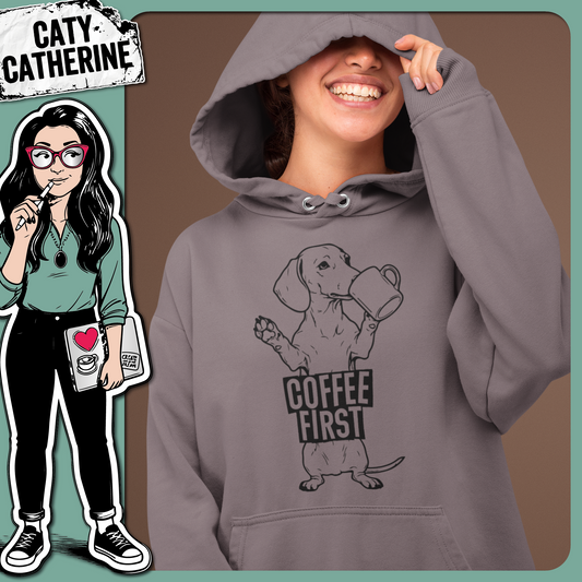 Coffee First Dachshund Doxie Dog with Mug – Food & Drink SVG Design by Caty Catherine