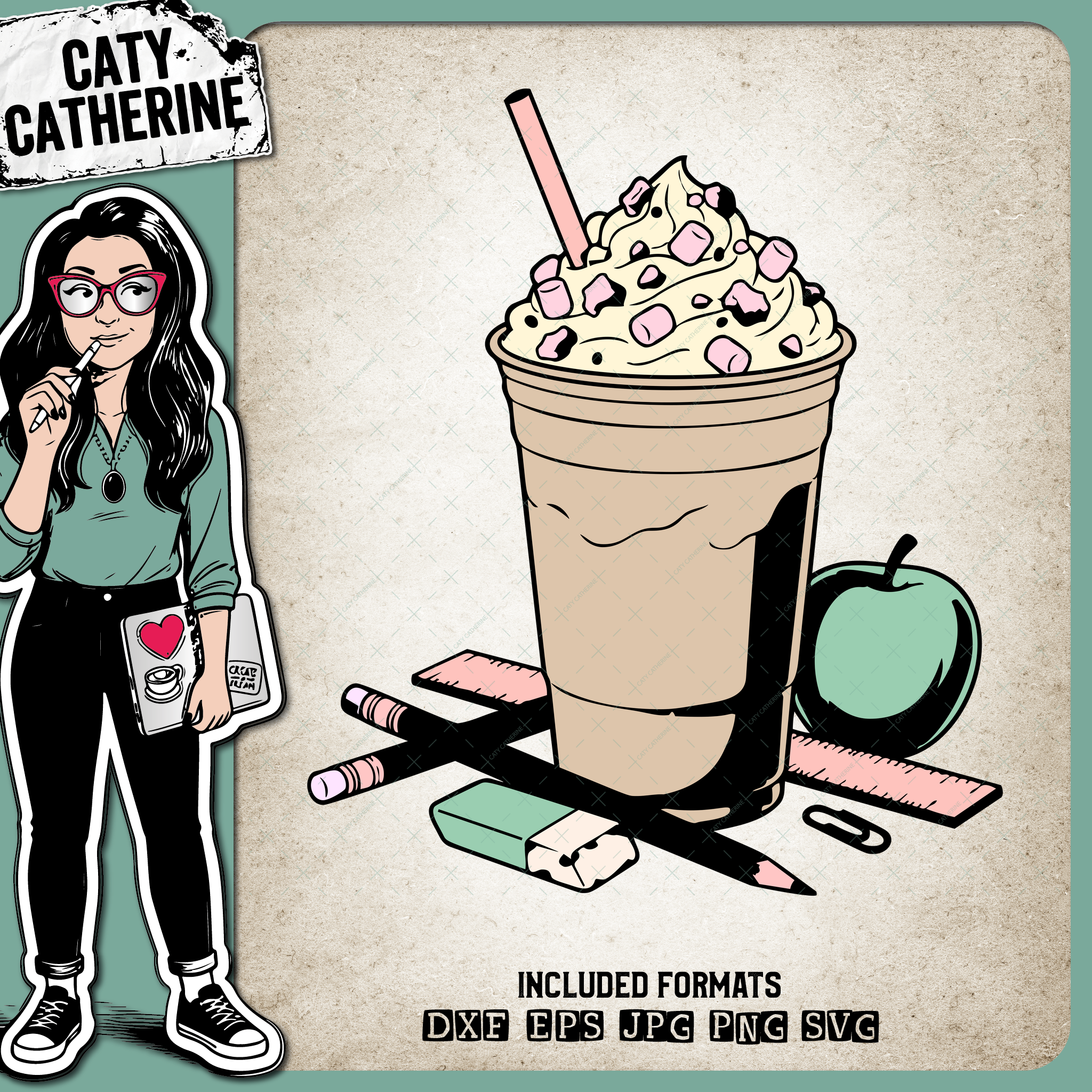 Teacher Appreciation Frappuccino with Stationary and Apple  – Occupations SVG Design by Caty Catherine