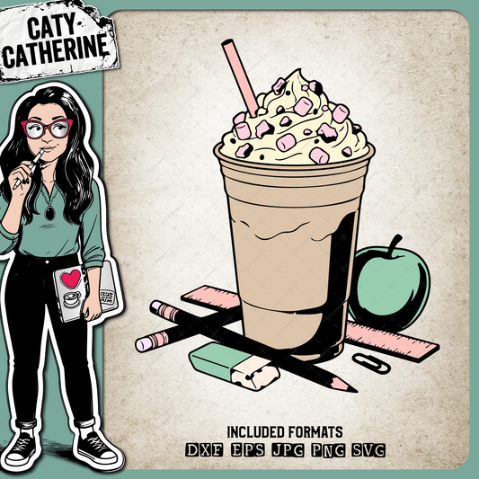 Teacher Appreciation Frappuccino with Stationary and Apple  – Occupations SVG Design by Caty Catherine