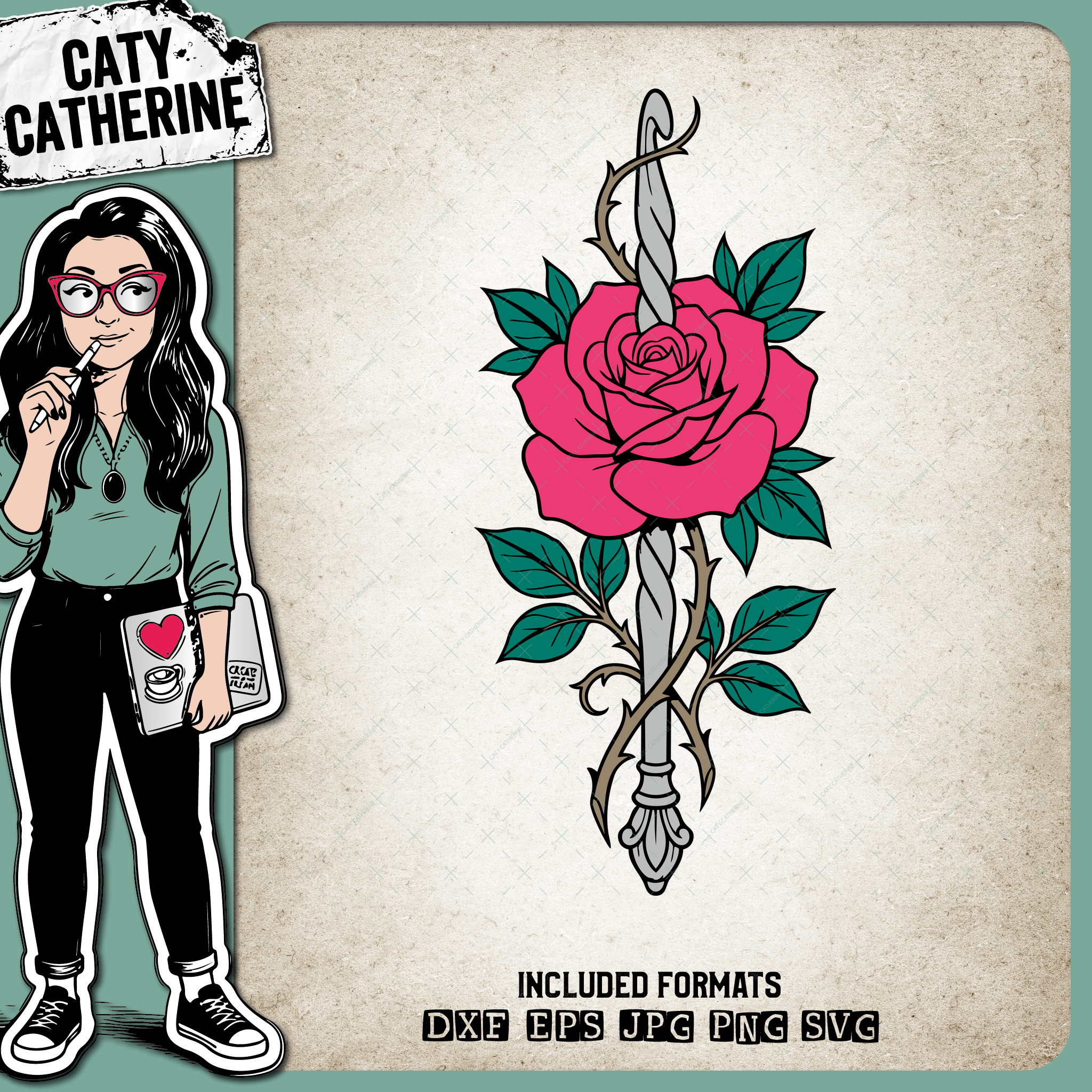 Crochet Hook with Intertwined Rose – Crafting SVG Design by Caty Catherine