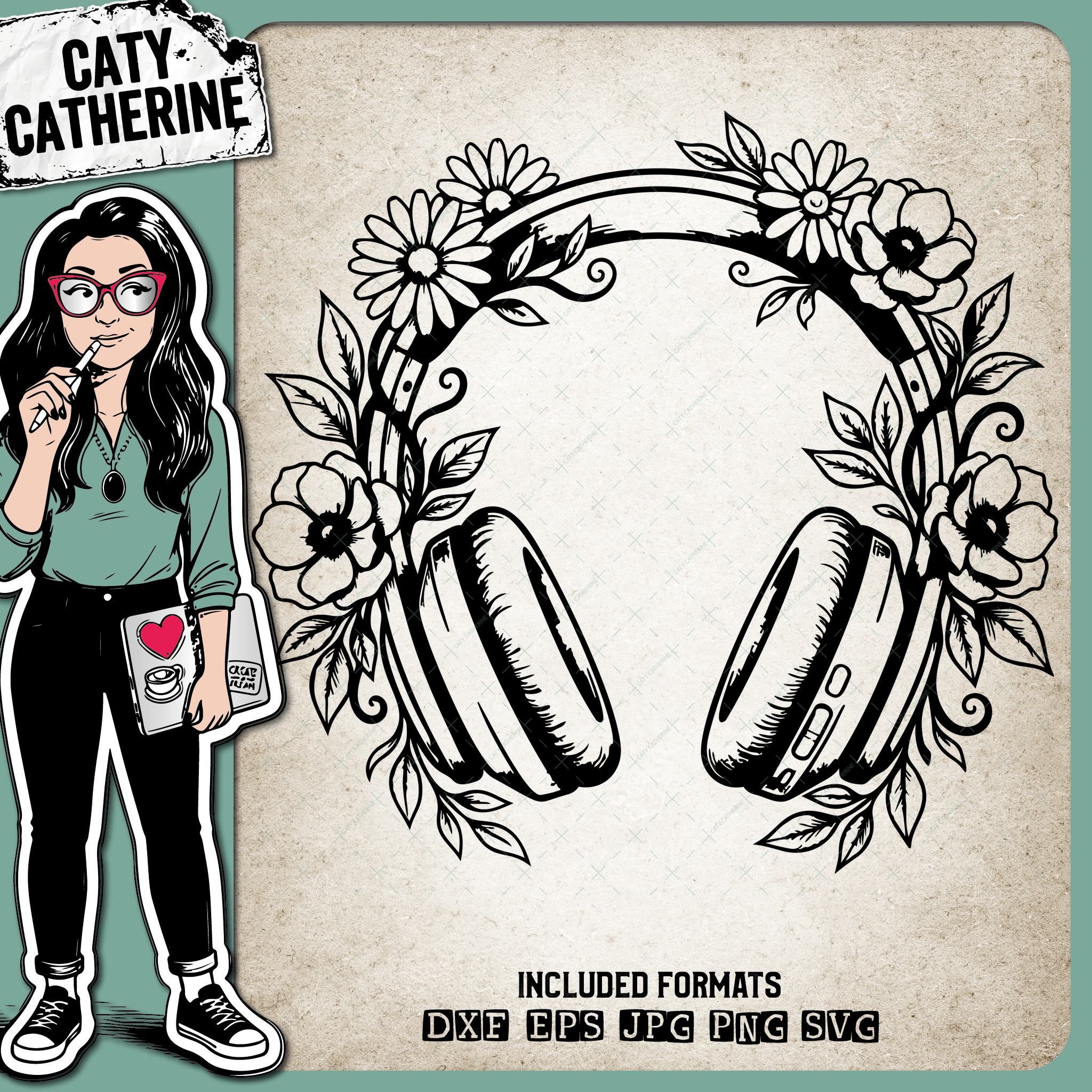 Floral Headphones Wildflower Music Frame – Music SVG Design by Caty Catherine
