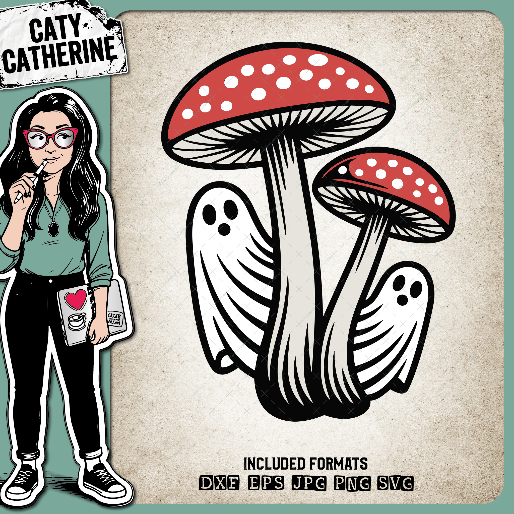 Ghosts Behind Toadstool Mushrooms – Halloween SVG Design by Caty Catherine