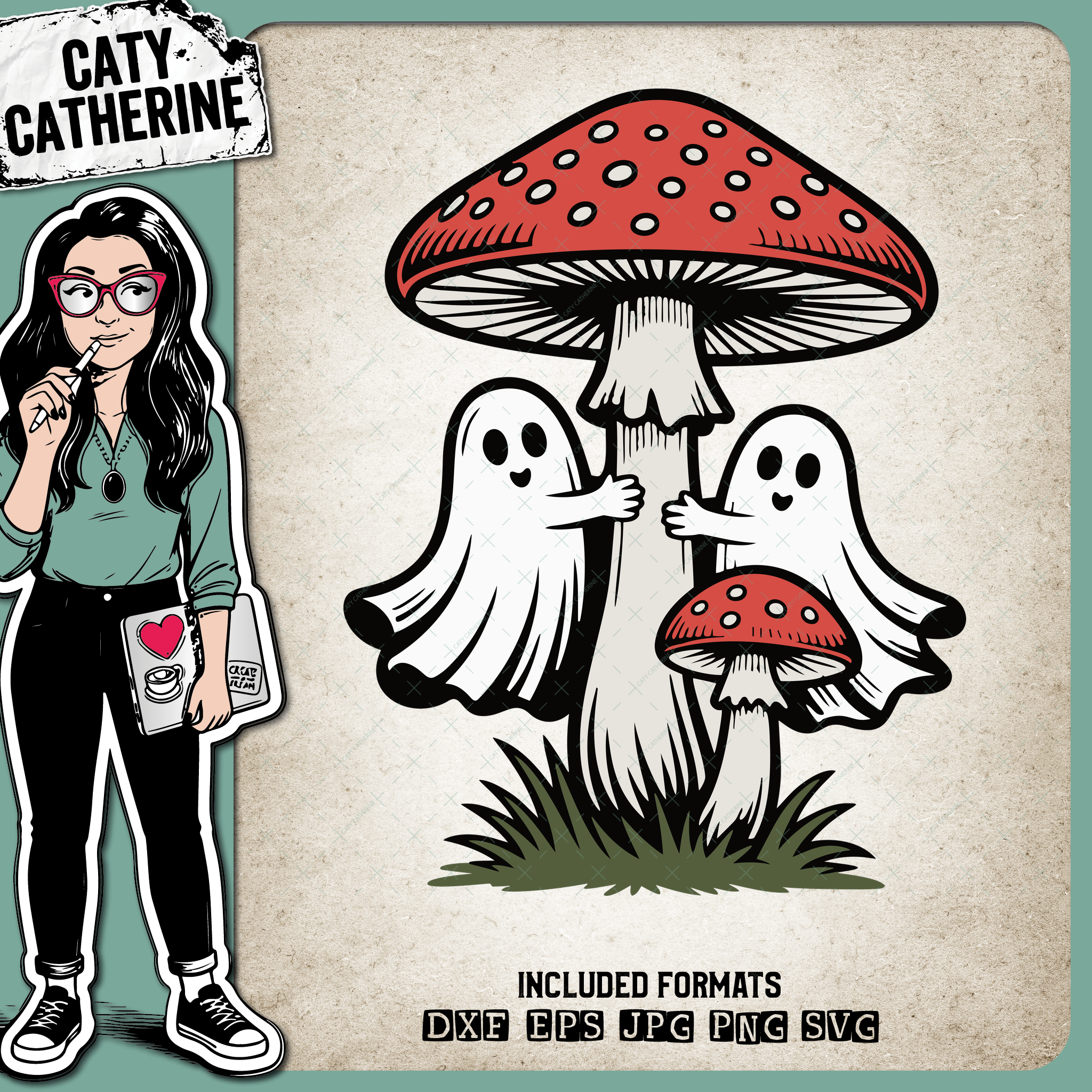 Ghosts Hugging Toadstool Mushroom – Halloween SVG Design by Caty Catherine