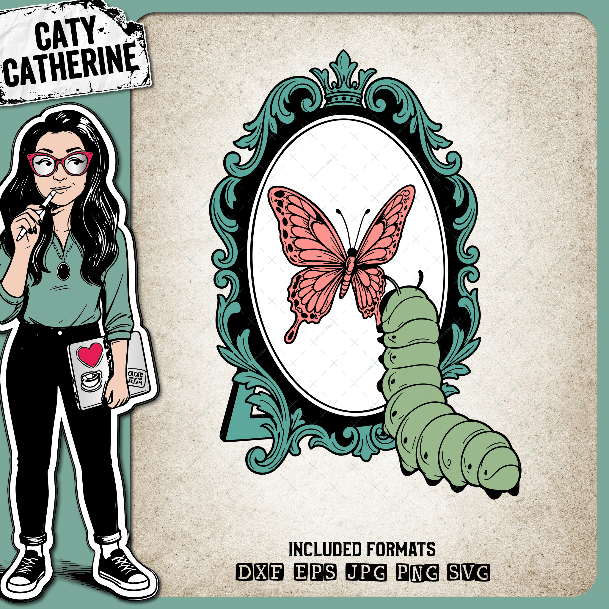 Butterfly Caterpillar Ornate Mirror Frame – Pets & Animals SVG Design by Caty Catherine
