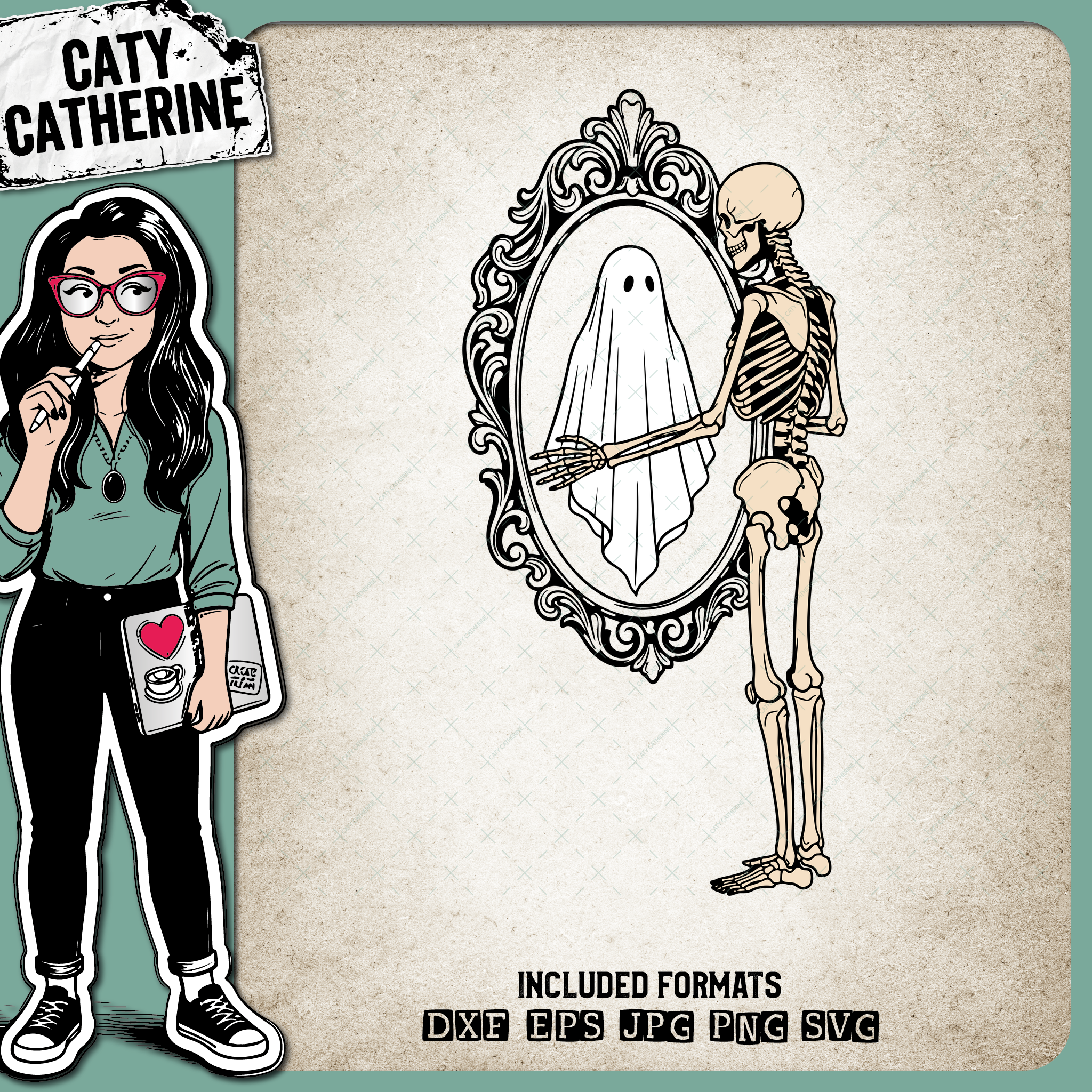 Skeleton Ghost Vintage Mirror – Halloween SVG Design by Caty Catherine