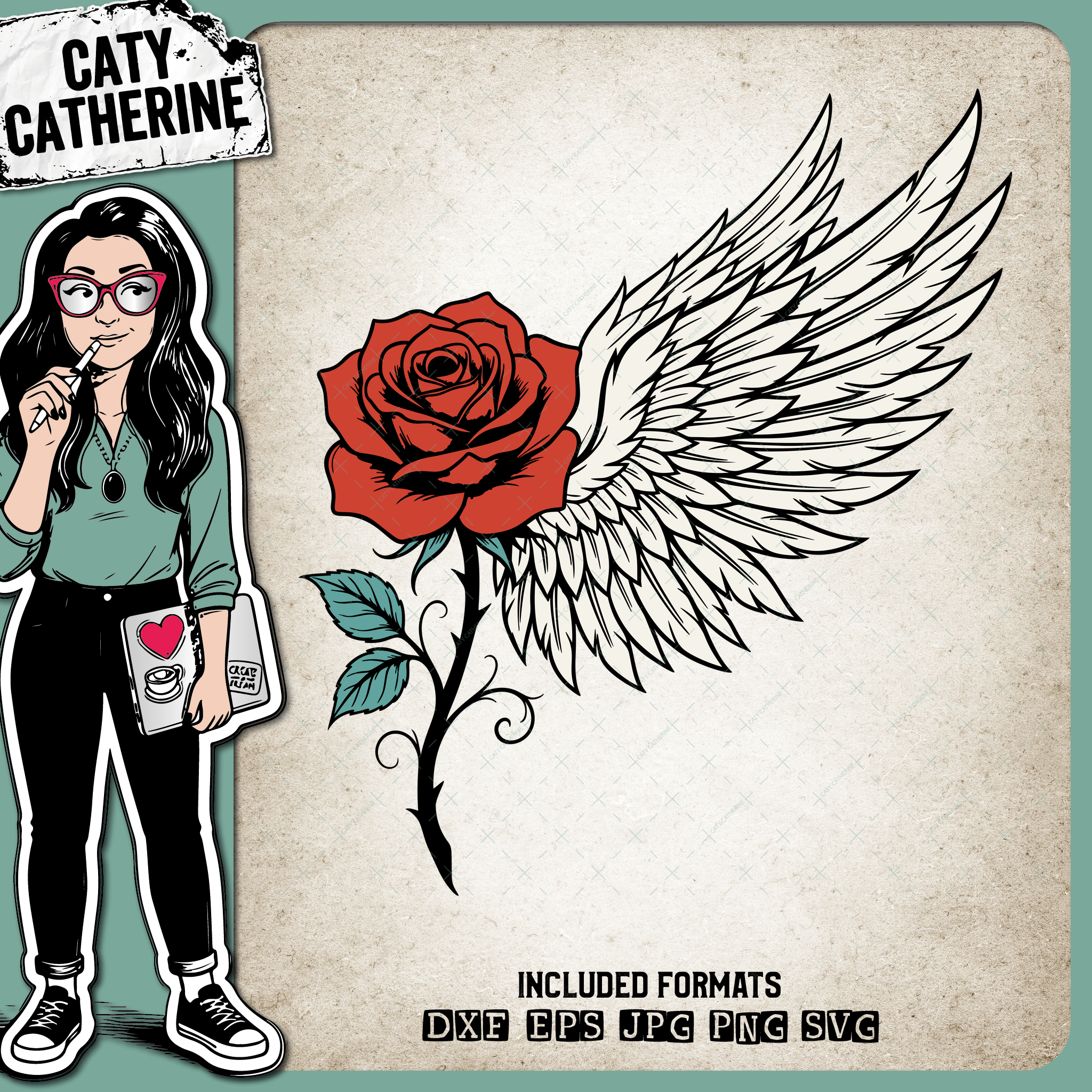 Single Red Rose with Angel Wings – Remembrance SVG Design by Caty Catherine