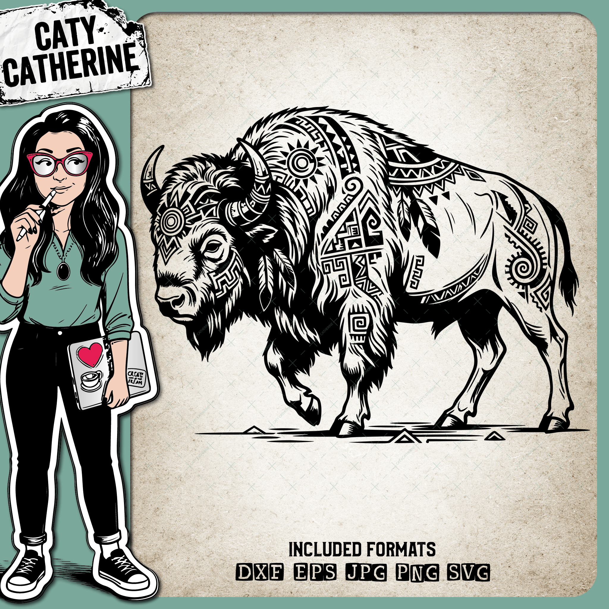 Wild Americana Heritage Western Nature-Inspired Patterned Bison – Western SVG Design by Caty Catherine