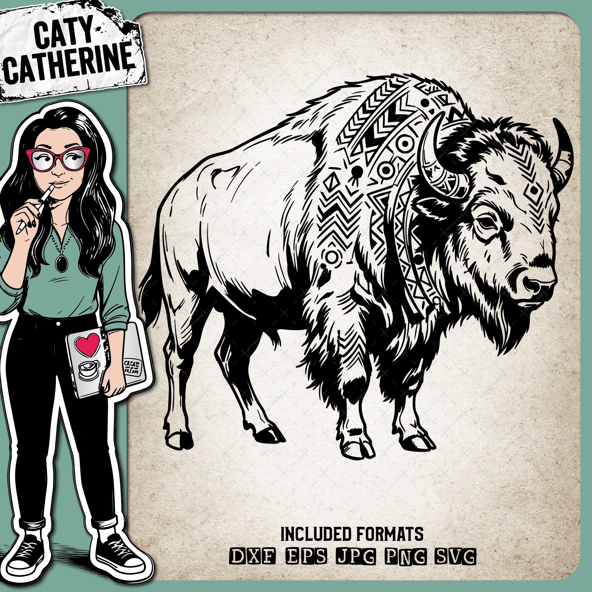 Patterned Western Americana Bison Illustration – Pets & Animals SVG Design by Caty Catherine