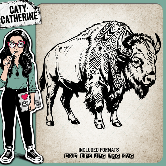 Patterned Western Americana Bison Illustration – Pets & Animals SVG Design by Caty Catherine