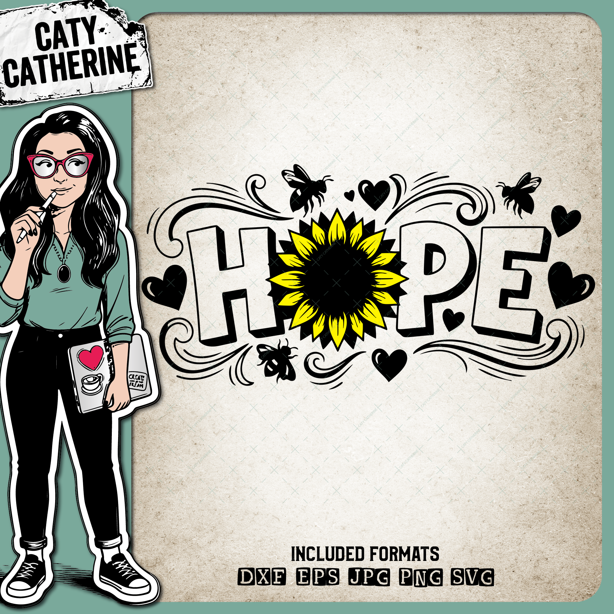 HOPE Cute Sunflower Bee Love Heart Design – Quotes & Sayings SVG Design by Caty Catherine