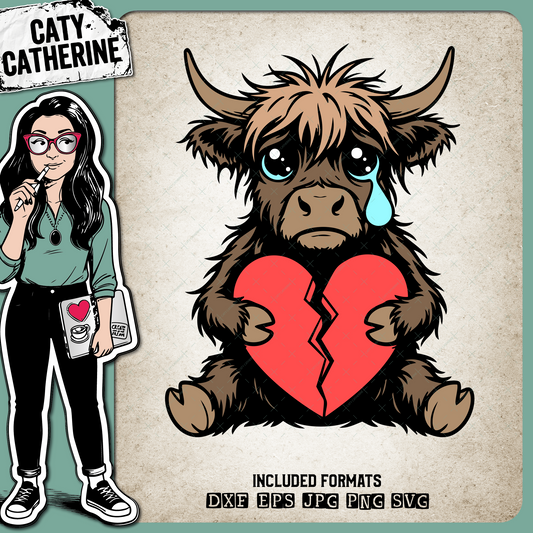 Heartbroken Love Heart Sad Highland Cow with Tear – Remembrance SVG Design by Caty Catherine