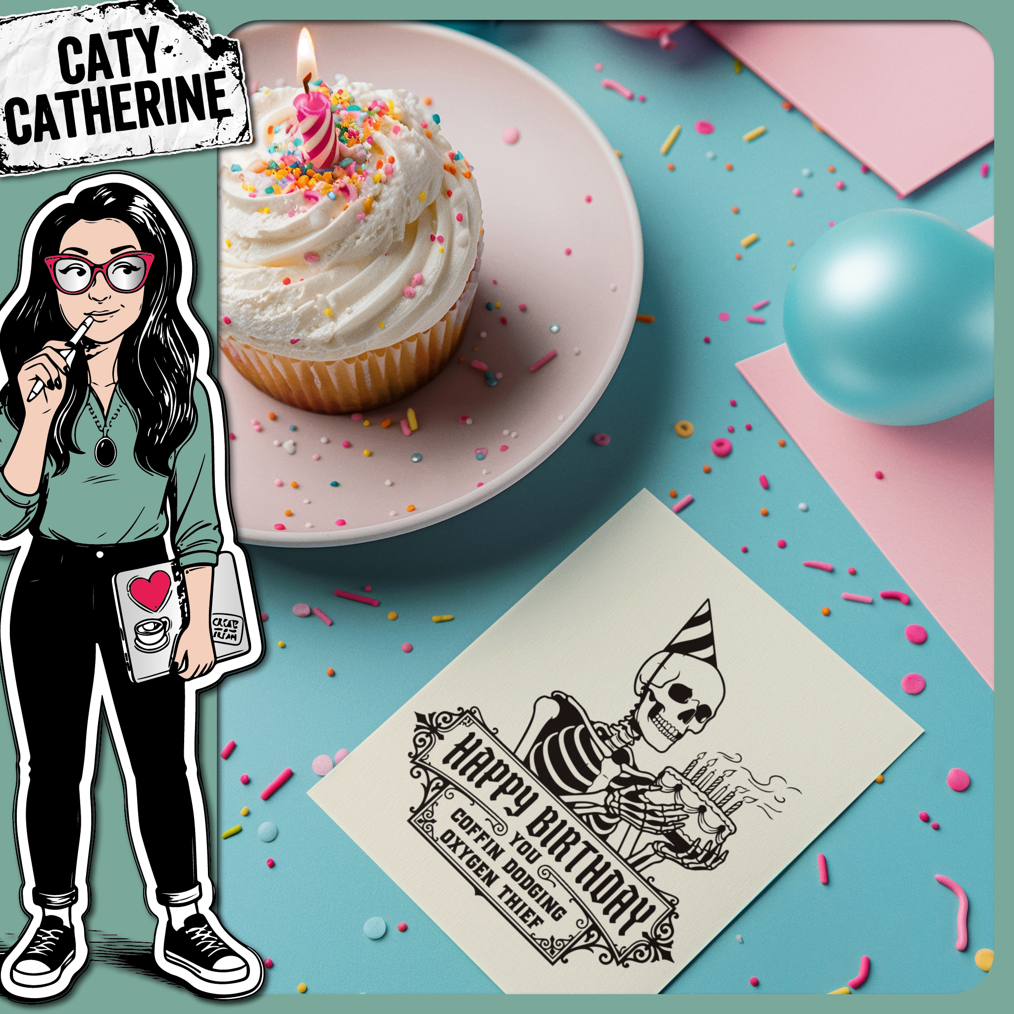 Happy Birthday You Coffin Dodging Oxygen Thief Skeleton – Birthday SVG Design by Caty Catherine