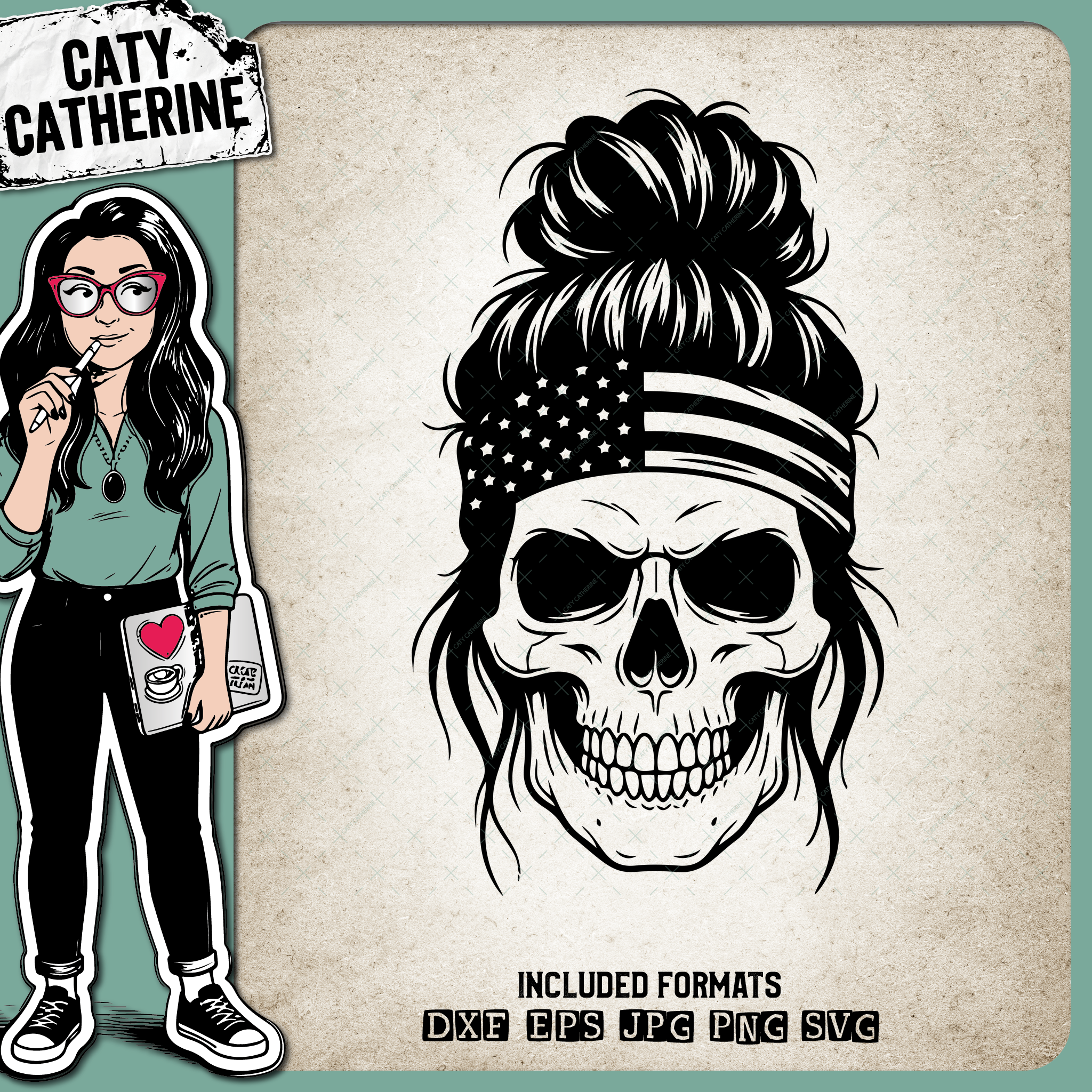 Patriotic American Flag Messy Bun Skull – Independence Day SVG Design by Caty Catherine