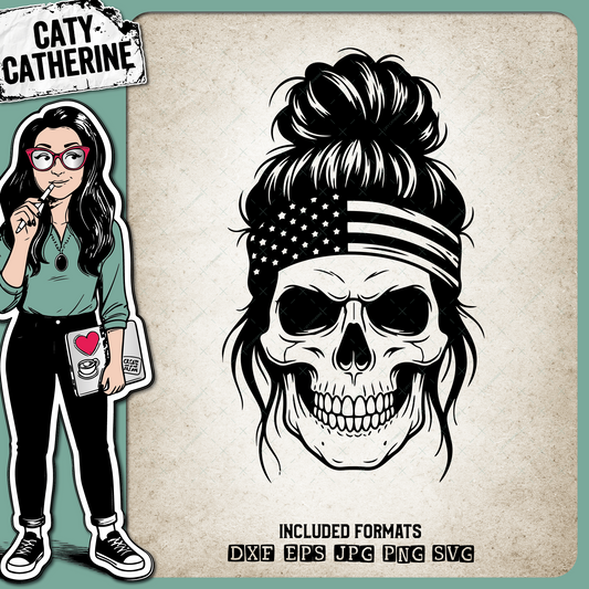 Patriotic American Flag Messy Bun Skull – Independence Day SVG Design by Caty Catherine