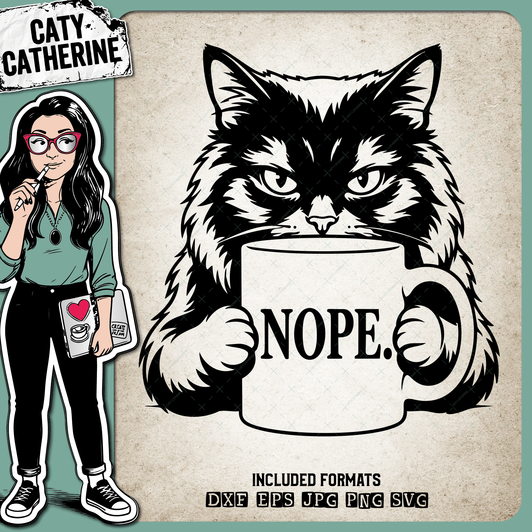 Nope Grumpy Cat Holding Coffee Mug – Quotes & Sayings SVG Design by Caty Catherine