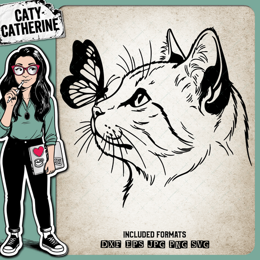 Curious Cat Watching Butterfly Line Art – Pets & Animals SVG Design by Caty Catherine