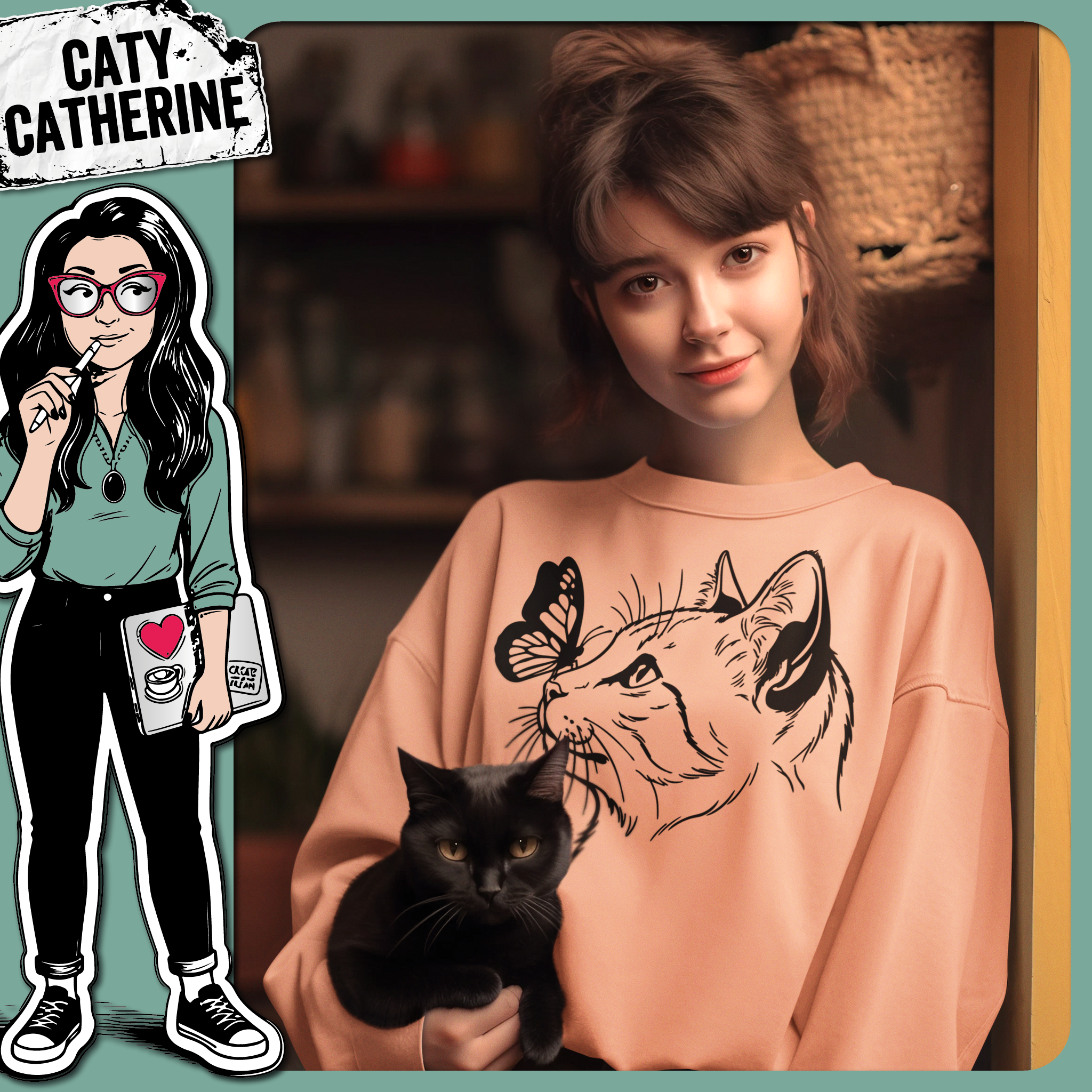 Curious Cat Watching Butterfly Line Art – Pets & Animals SVG Design by Caty Catherine