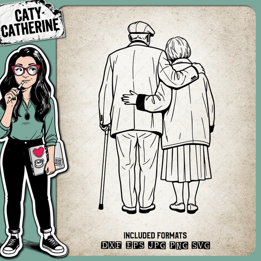Elderly Couple Walking Together Line Art – Family SVG Design by Caty Catherine