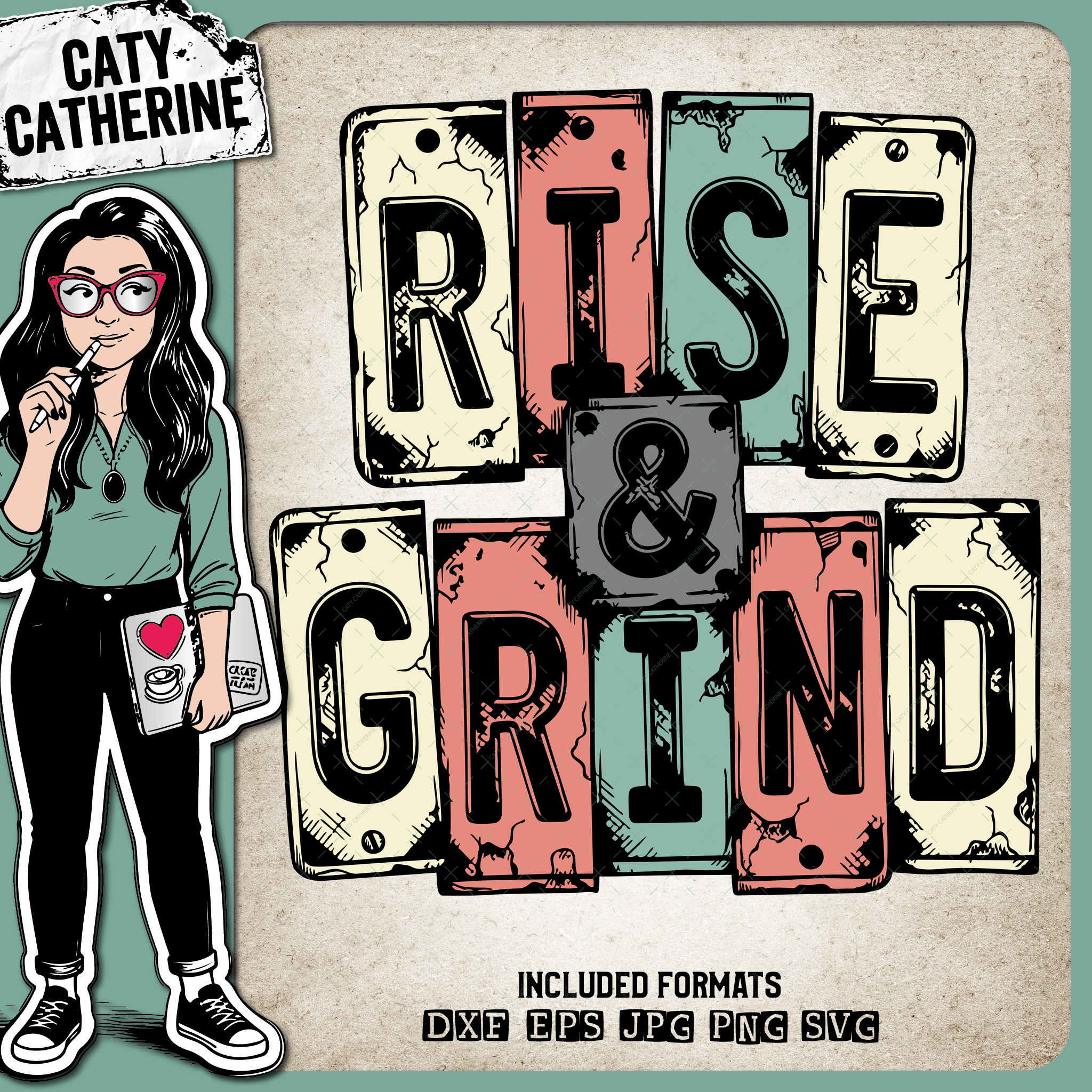 Rise & Grind Retro Typography – Quotes & Sayings SVG Design by Caty Catherine