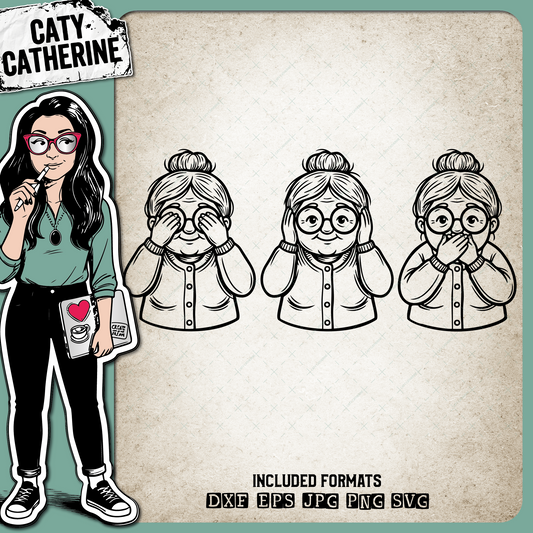 Cute Old Lady See No Evil, Hear No Evil, Speak No Evil – Quotes & Sayings SVG Design by Caty Catherine