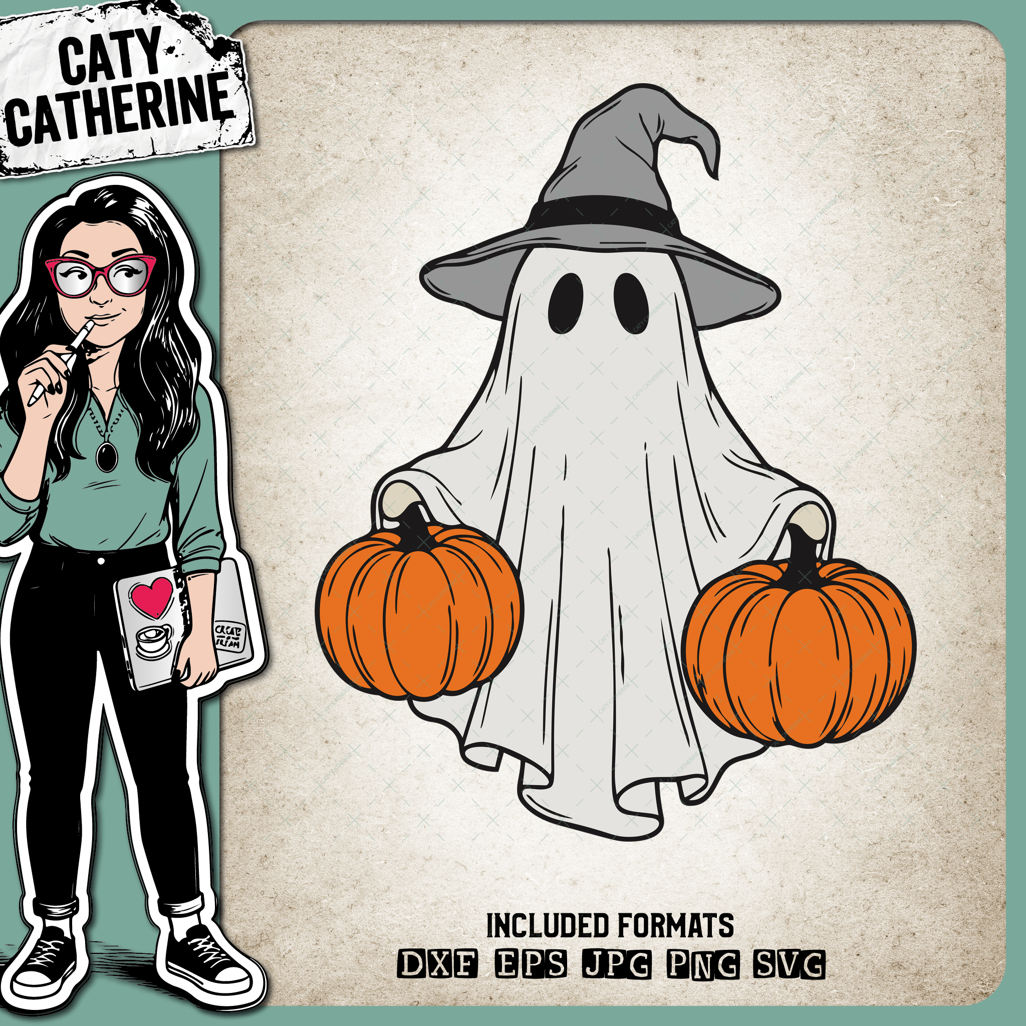 Cute Ghost with Witches Hat & Pumpkins – Halloween SVG Design by Caty Catherine