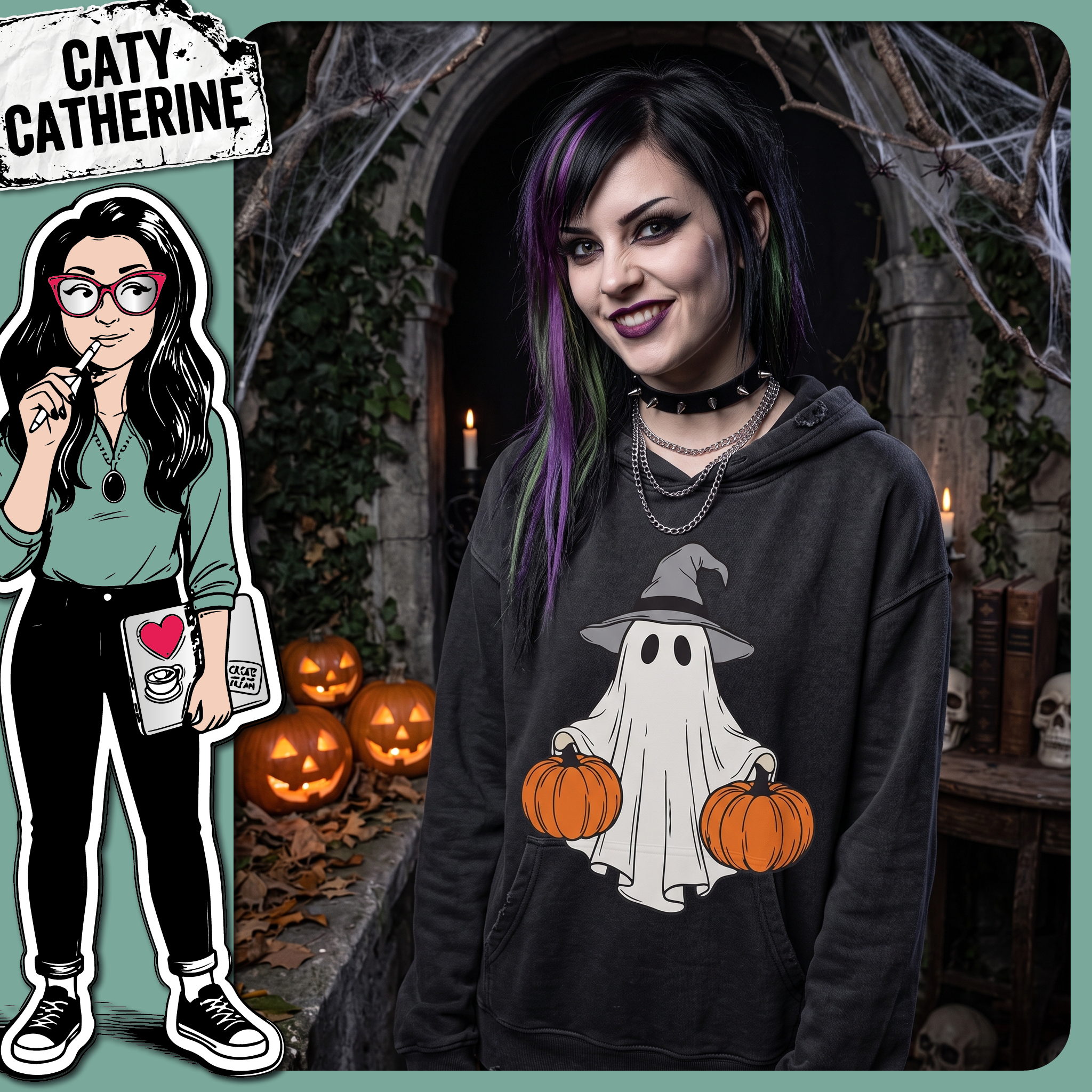 Cute Ghost with Witches Hat & Pumpkins – Halloween SVG Design by Caty Catherine