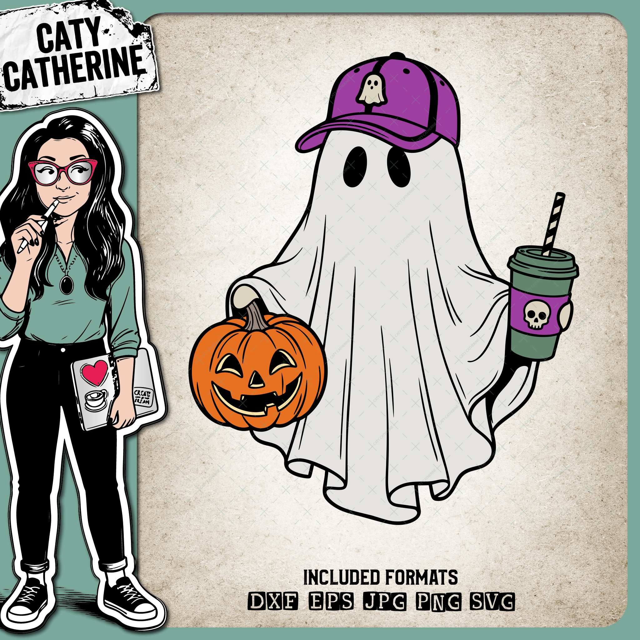 Cute Ghost with Baseball Cap Coffee & Pumpkin – Halloween SVG Design by Caty Catherine