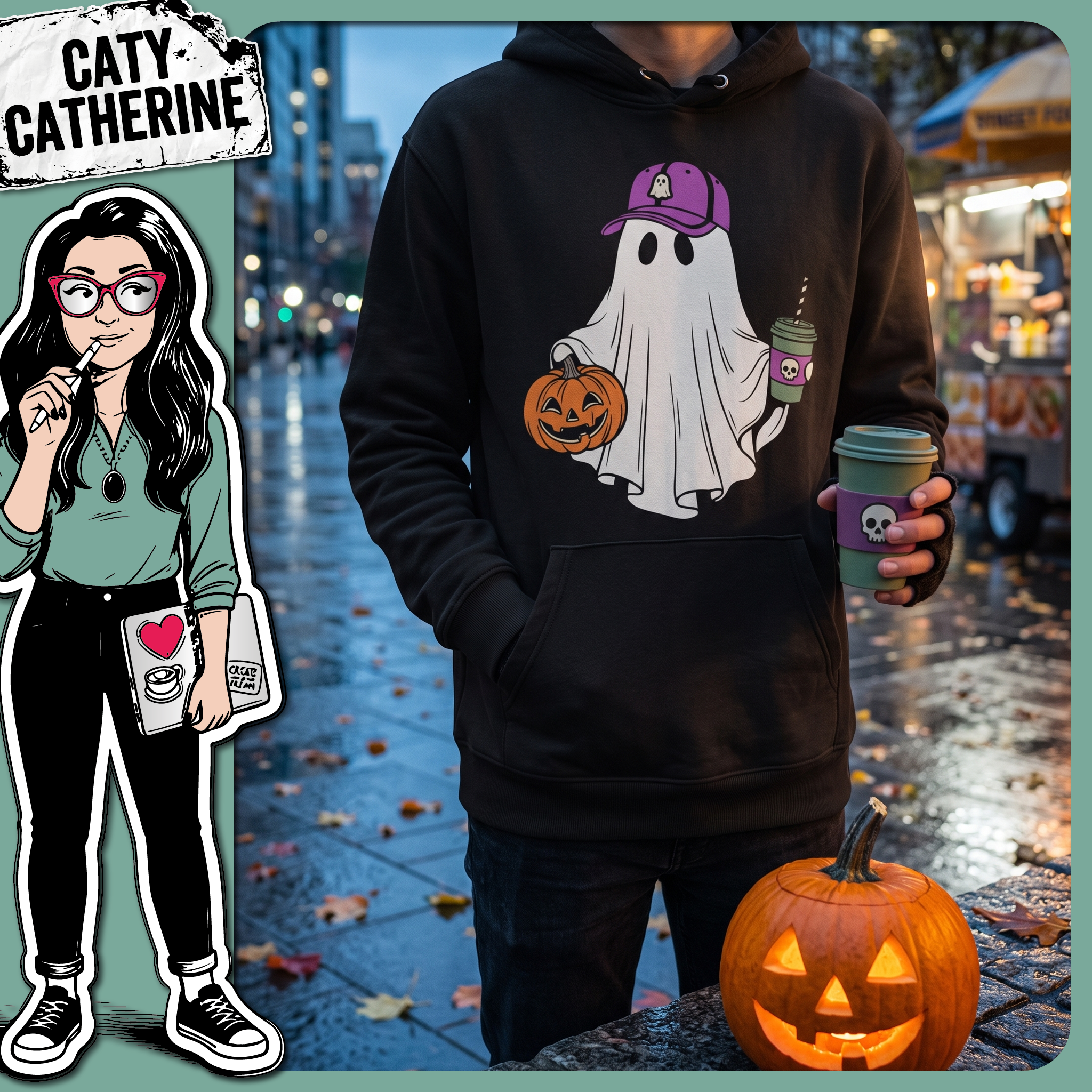 Cute Ghost with Baseball Cap Coffee & Pumpkin – Halloween SVG Design by Caty Catherine