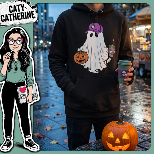 Cute Ghost with Baseball Cap Coffee & Pumpkin – Halloween SVG Design by Caty Catherine