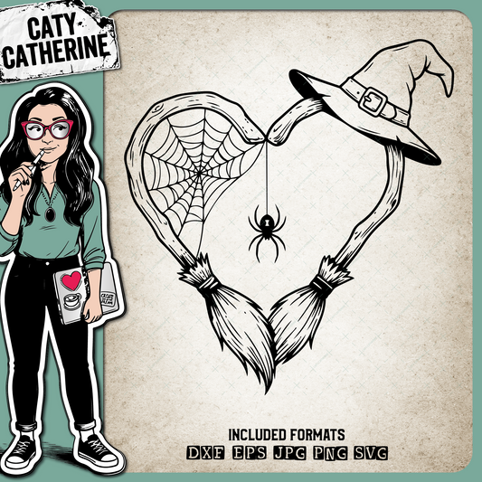 Witchy Heart Broomsticks Hat Spider Web – Halloween SVG Design by Caty Catherine